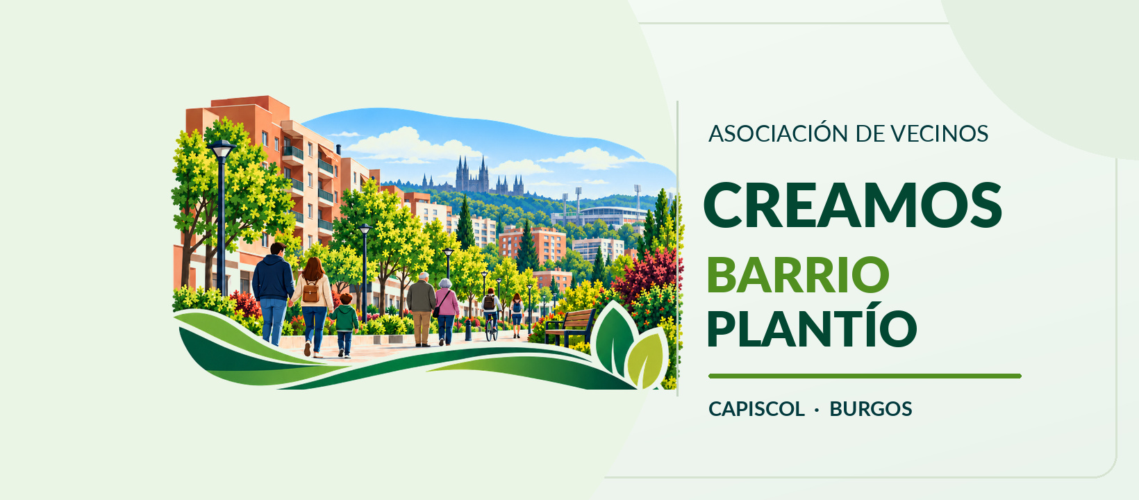 Imagen oficial de Creamos Barrio Plantío, con una ilustración de vecinos en un barrio verde y el nombre de la asociación en Capiscol, Burgos.